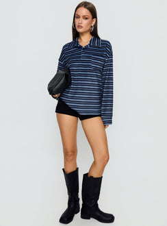 side view of model wearing Princess Polly Mystris Collared Jumper Blue Stripe Longline Jumpers 