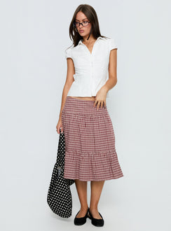   front view of model wearing Princess Polly Cascades Low Rise Midi Skirt Red Check Midi Skirts 
