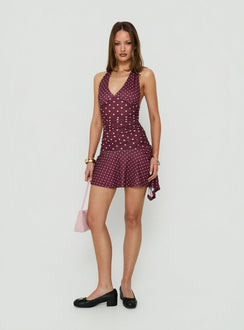 Mariellen Halter Mini Dress Plum Polka Dot