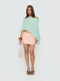 back view of model wearing Princess Polly Rouse Off Shoulder Knit Poncho Jelly Mint Longline Jumpers 