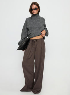 front view of model wearing Princess Polly Bungala Oversized Relaxed Pant Brown Check Mid Rise Pants 