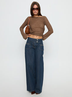front view of model wearing Princess Polly Unwritten Mid Rise Wide Leg Jeans Dark Blue Wash Mid Rise Jeans 