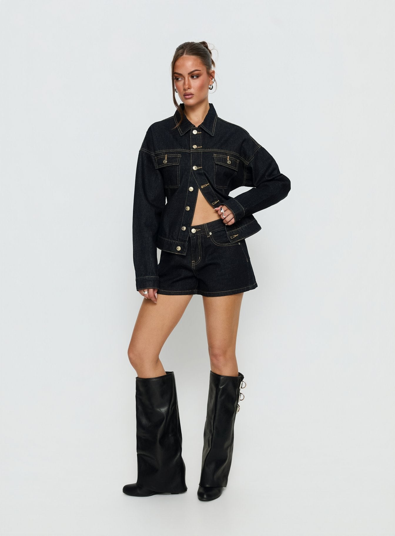 Caresse Cinched Denim Jacket Raw Denim | Princess Polly