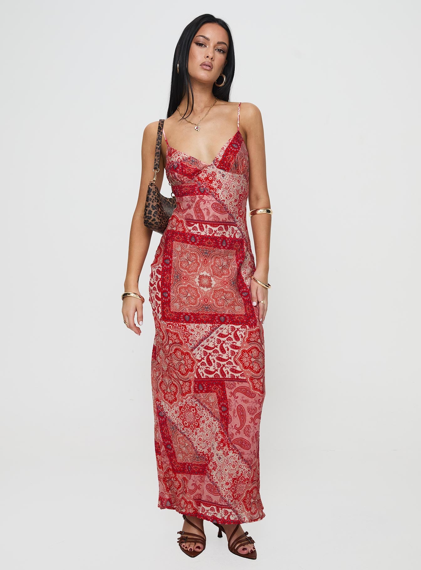 front view of model wearing Princess Polly Sugar Plum Maxi Dress Red Paisley V-Neck 