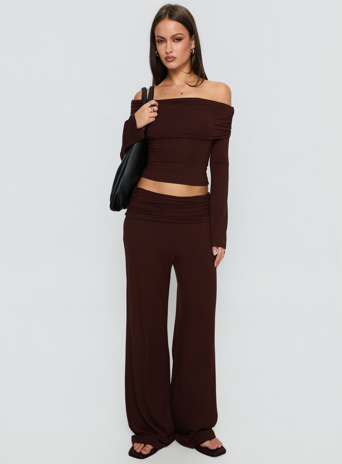 front view of model wearing Princess Polly Fawne Ruched Folded Pants Brown Mid Rise Pants 
