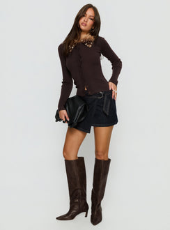 front view of model wearing Princess Polly Chiqueeta Faux Fur Trim Knit Cardigan Brown 
