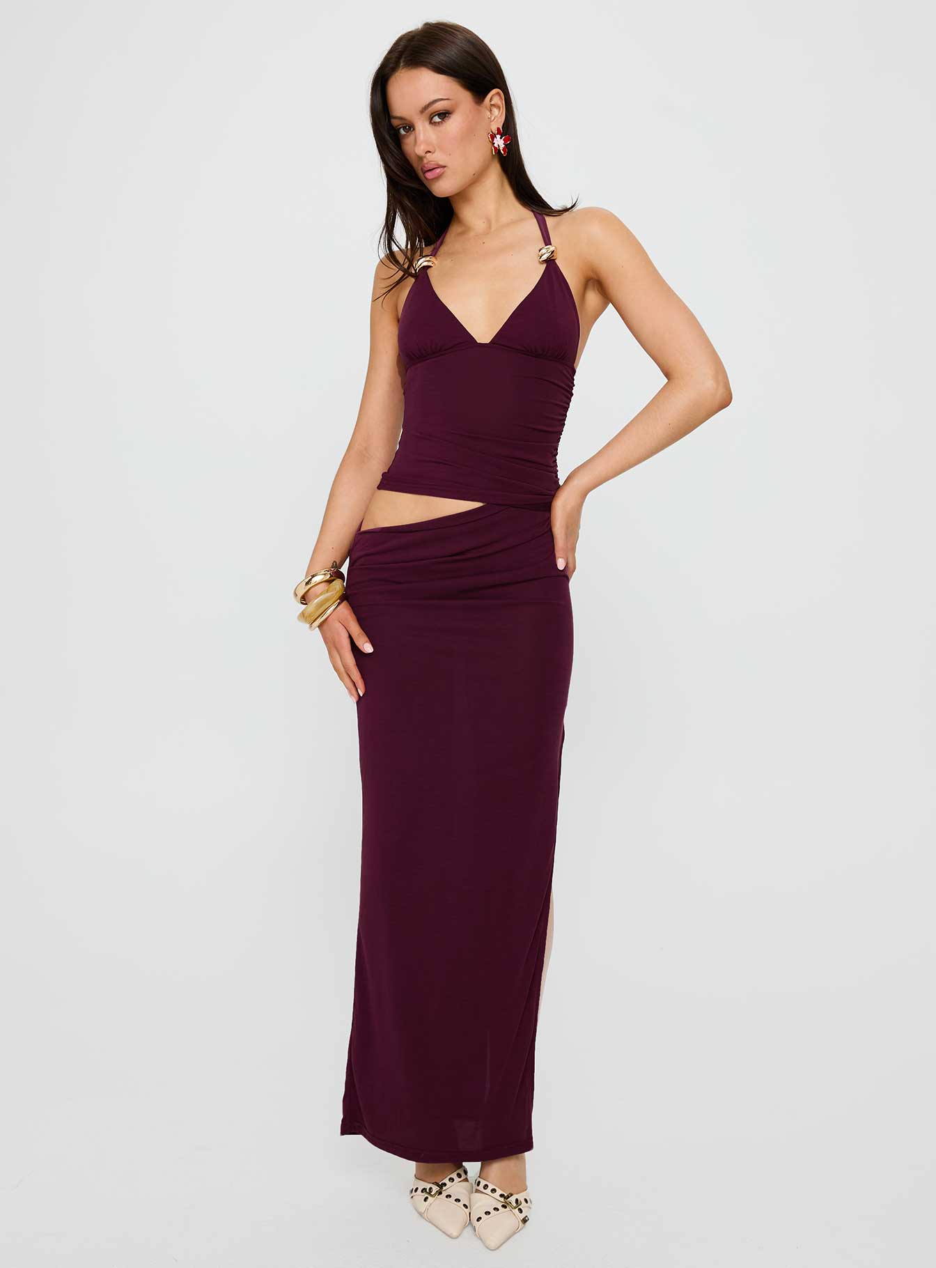 Imeraldia Hardware Halter Maxi Dress Currant