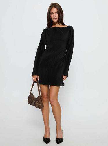 Lukea Long Sleeve Plisse Mini Dress Black