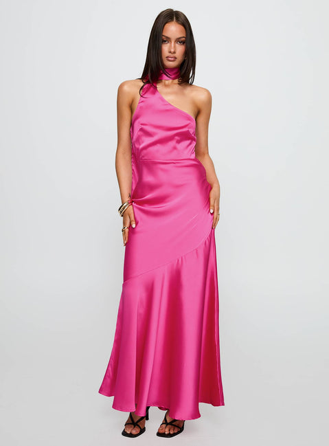 pink satin dress with scarf Roma Pink One-Shoulder Scarf Silk Dress SILKROSE