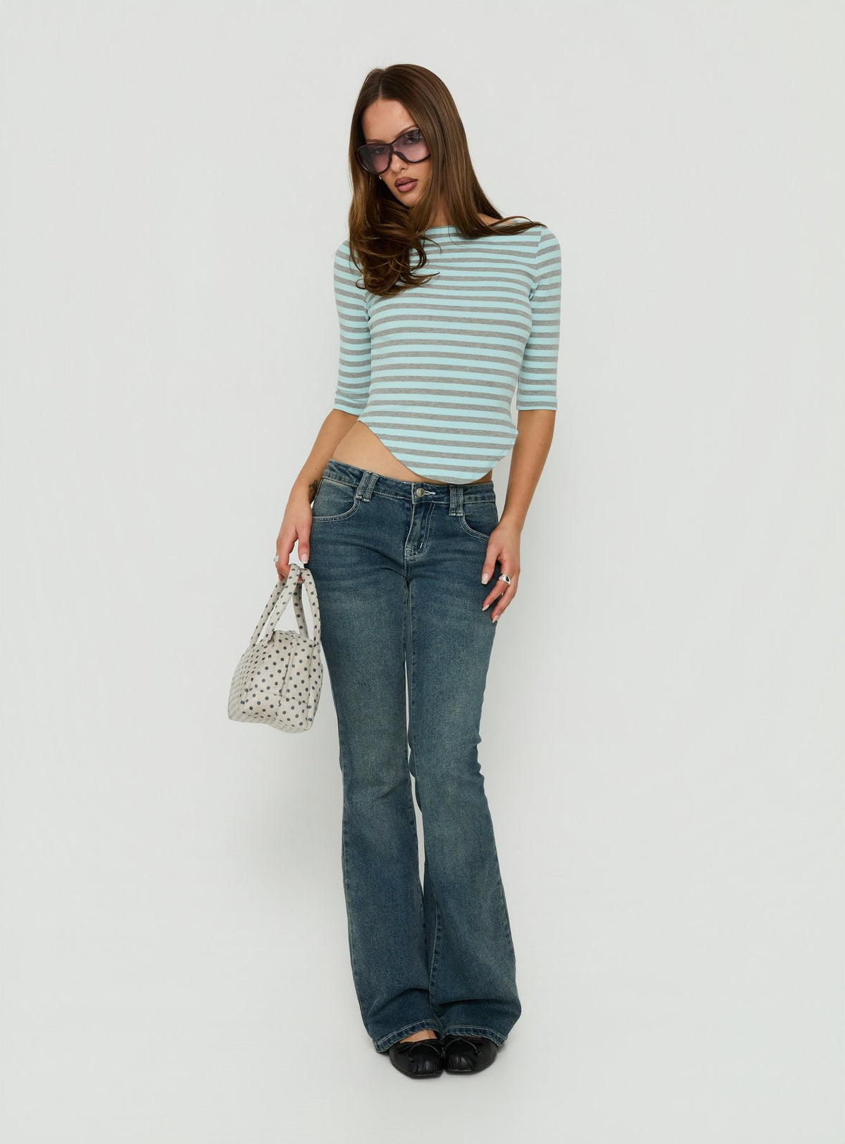 Cecielea Scooped Hem 3/4 Sleeve Top Blue / Grey Stripe