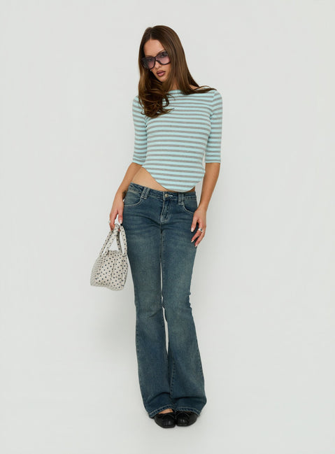Cecielea Scooped Hem 3/4 Sleeve Top Blue / Grey Stripe