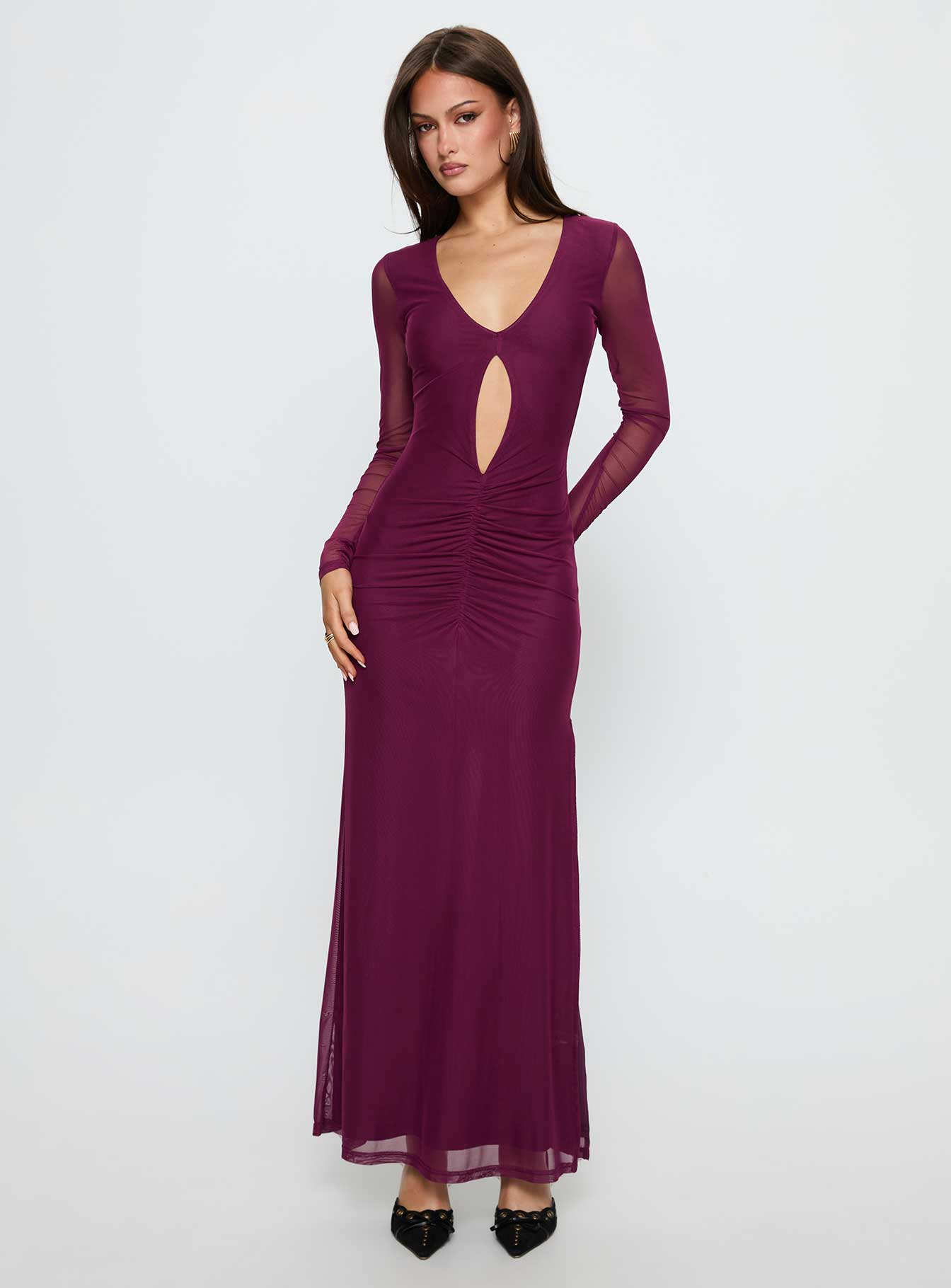 Darkside Cut Out Plunge Maxi Dress Plum | Princess Polly Darkside Cut Out Plunge Maxi Dress Plum | Princess Polly