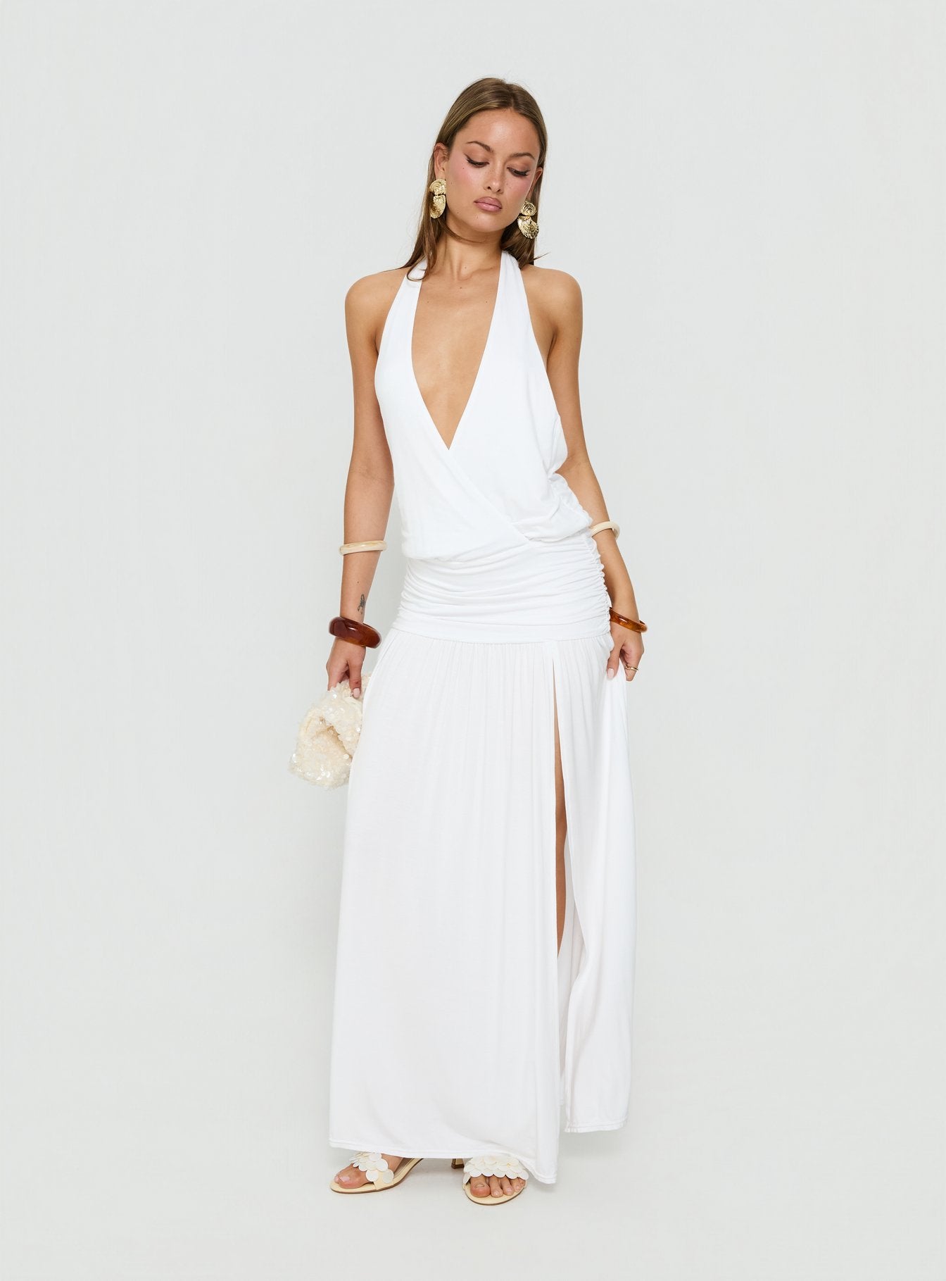 white halter top maxi dress Casanova Halter Wrap Maxi Dress White