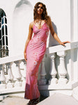 front view of model wearing Princess Polly Beverlie Halter Maxi Dress Pink Floral Plunger 