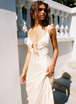 front view of model wearing Princess Polly Aphrodyte Lace Maxi Dress Cream Plunger 