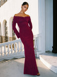 front view of model wearing Princess Polly Cecilia Off The Shoulder Maxi Dress Wine V-Neck 