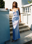 side view of model wearing Princess Polly On Postcards Tie Split Maxi Dress Blue Plunger 