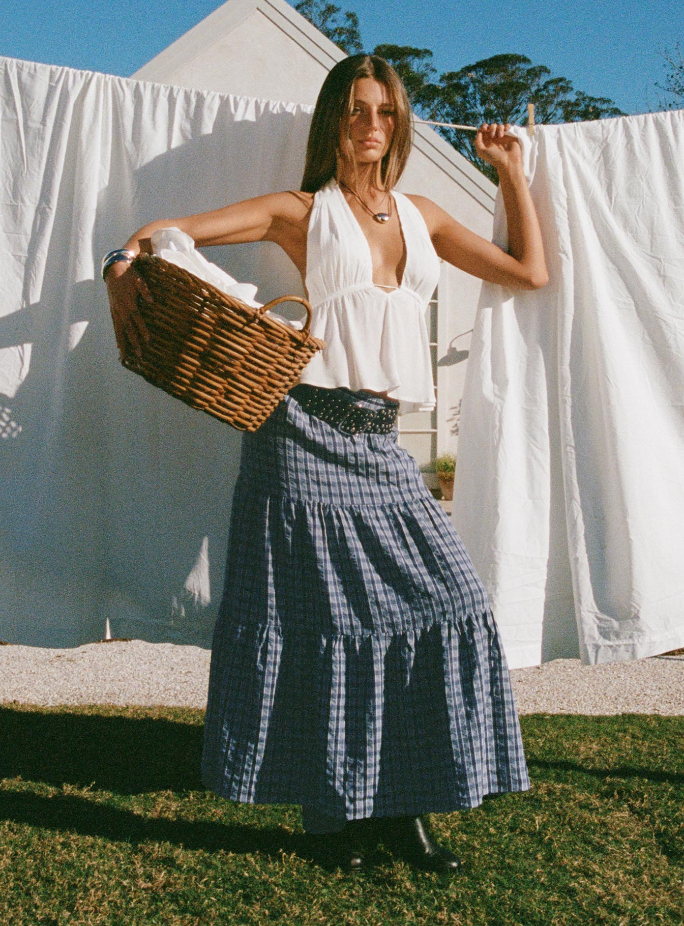 Rockwell Tiered Midi Skirt Navy Check | Princess Polly