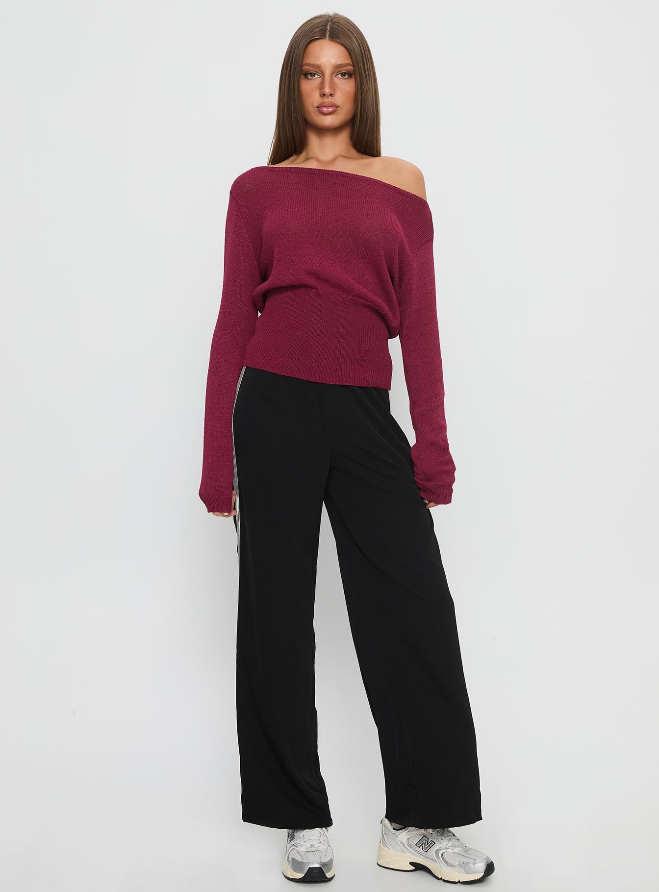 front view of model wearing Princess Polly Fusion Tailored Track Pant Black High Rise Pants 