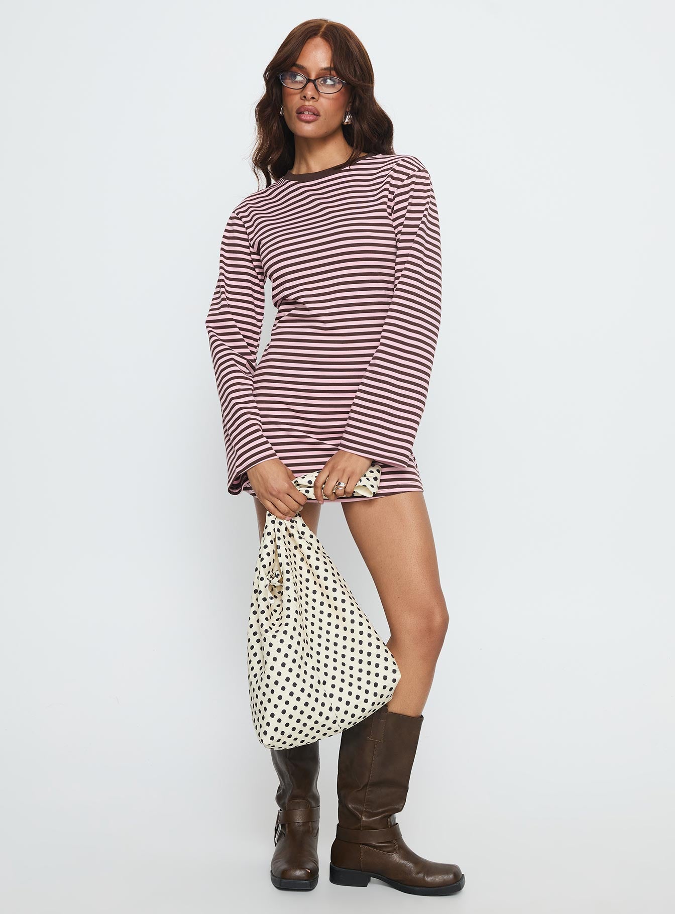 【Rosy Monster】3way サテンワッフルワンピース Lulolah Long Sleeve Mini Dress Chocolate / Pink Stripe | Princess