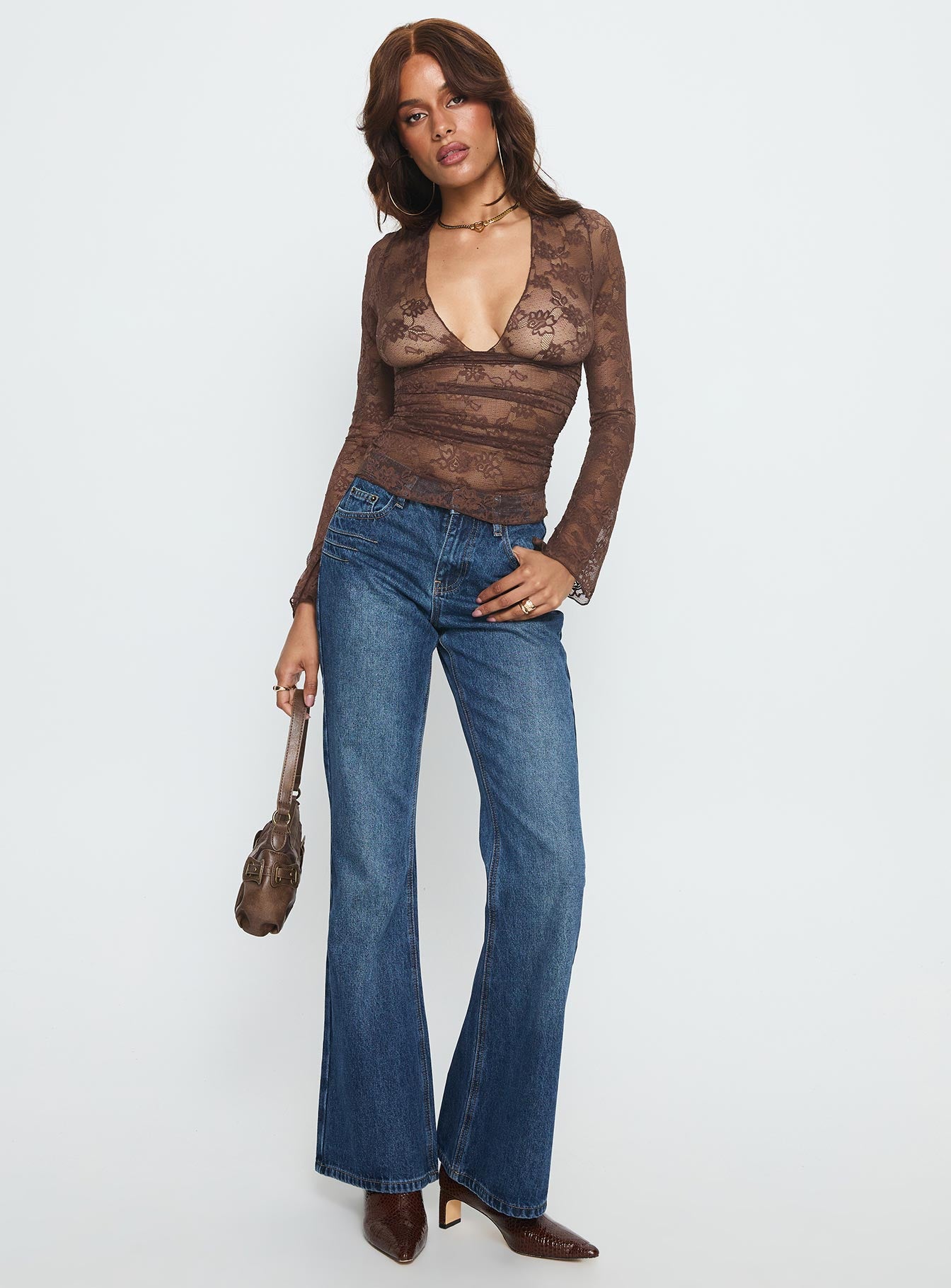 Nydia Long Sleeve Sheer Top Chocolate | Princess Polly