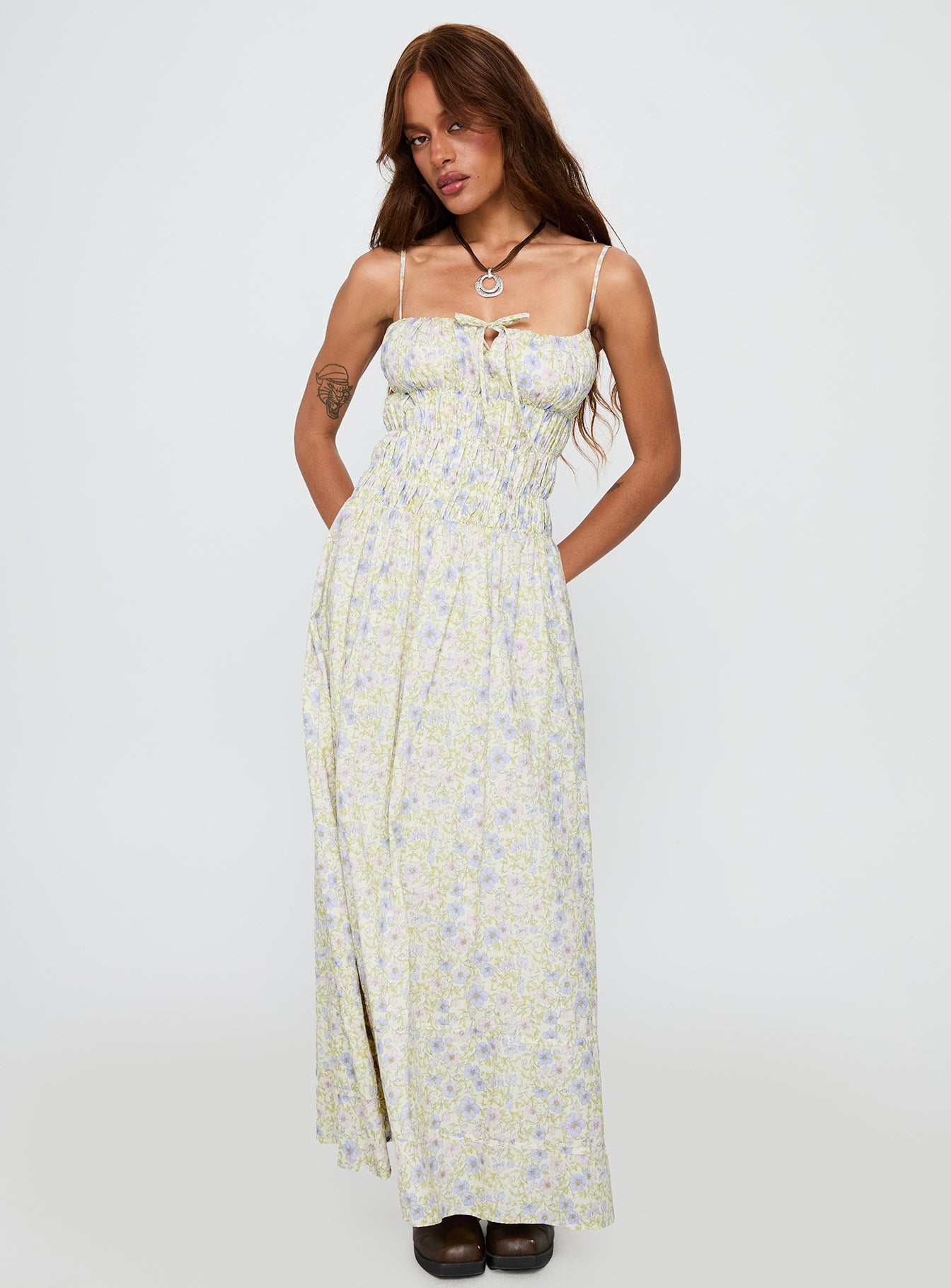 front view of model wearing Princess Polly Loralei Shirred Maxi Dress Floral Square Neck 