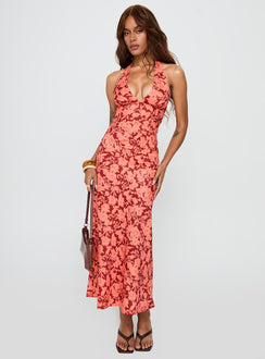 back view of model wearing Princess Polly Casablanca Maxi Skirt Red Floral Maxi 