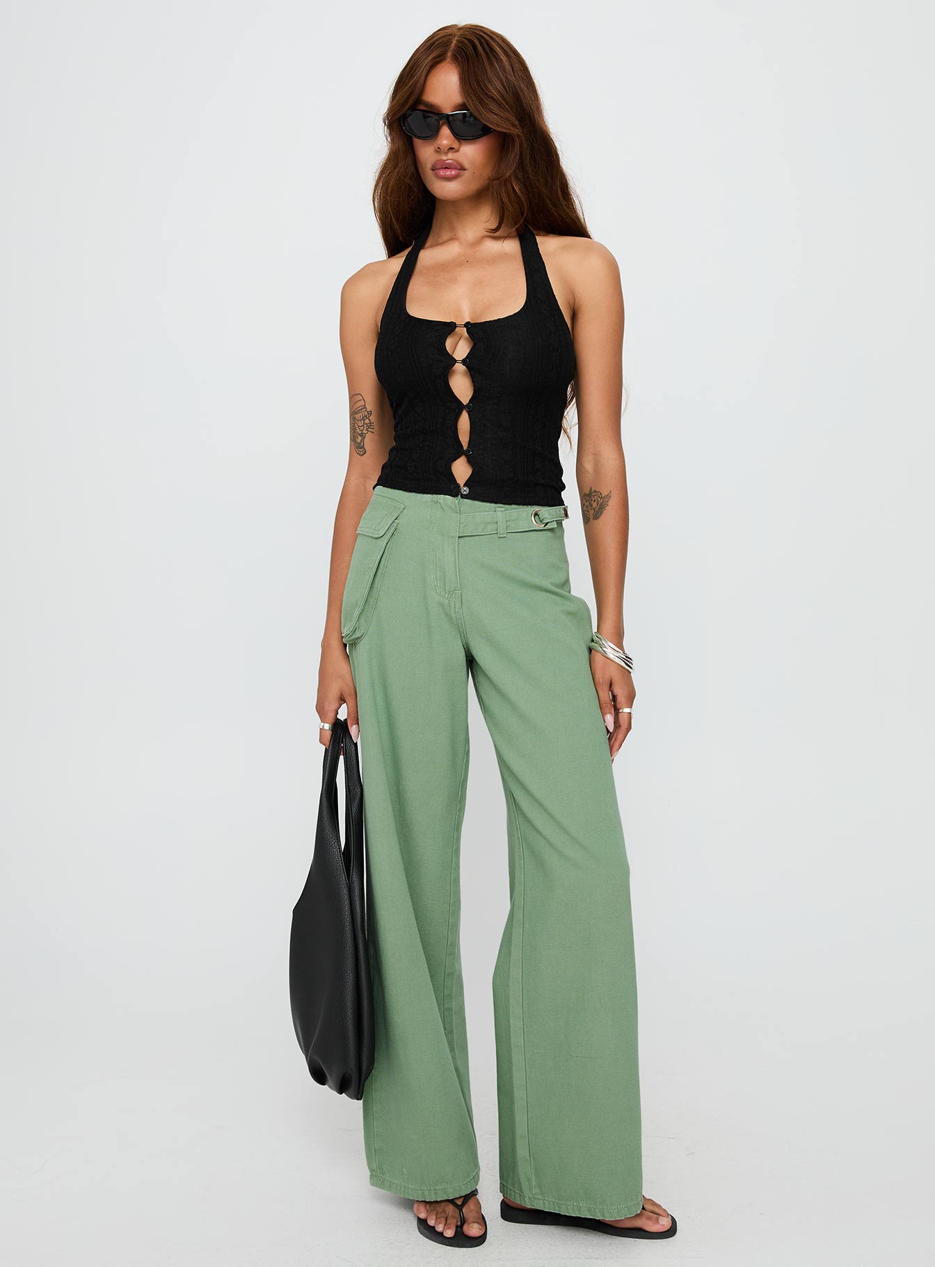 side view of model wearing Princess Polly Mercadi Cargo Straight Leg Jeans Green High Waisted 