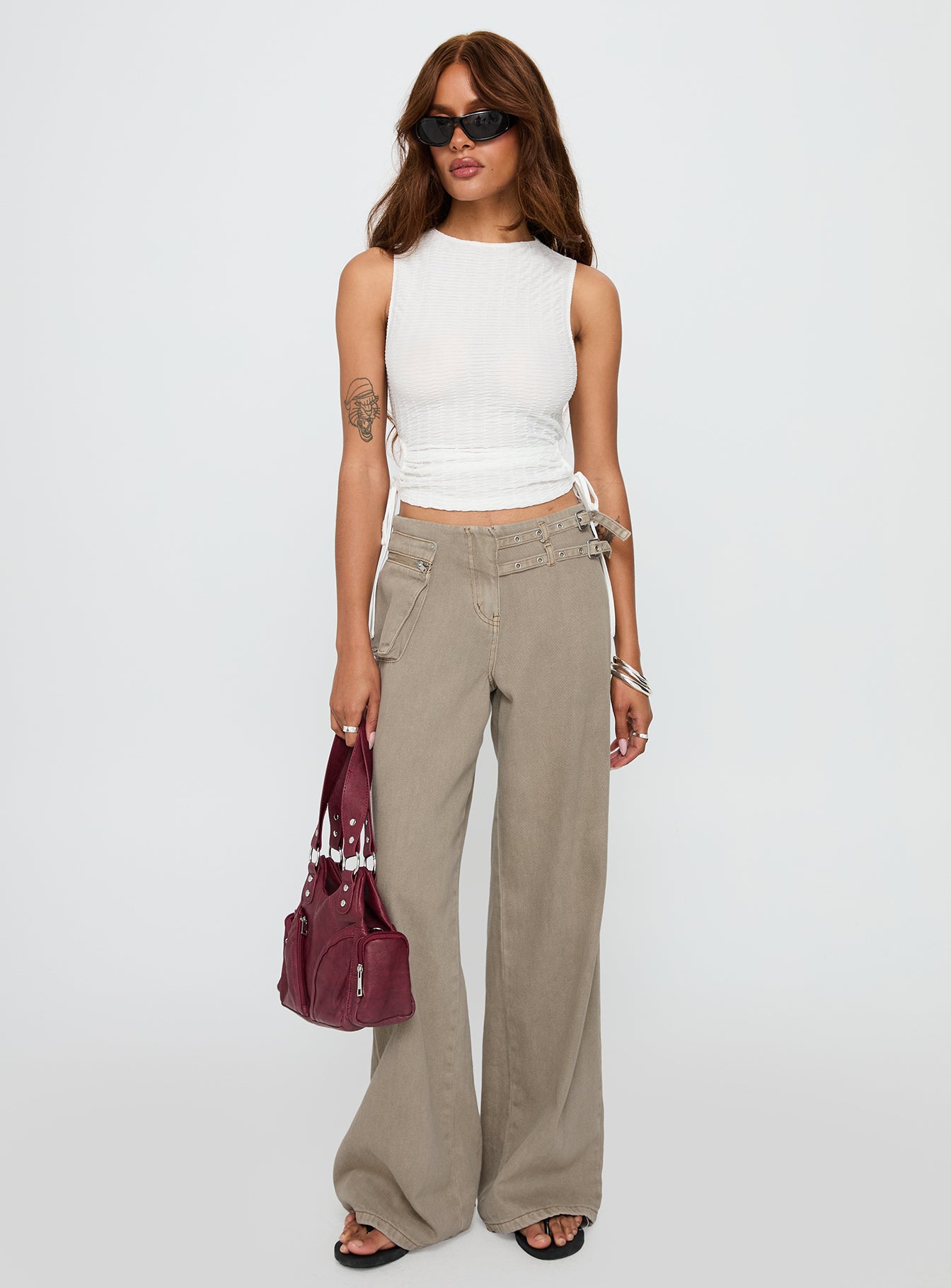 back view of model wearing Princess Polly Kaelis Tie Side Top White Sleeveless Crew Neck 