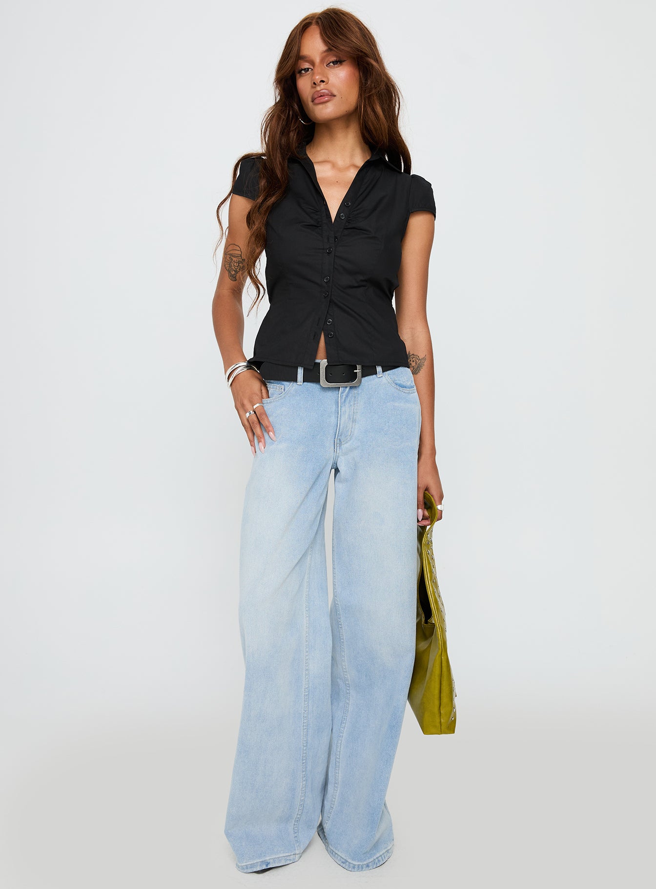 front view of model wearing Princess Polly Arianwyn Short Sleeve Shirt Black Short Sleeves V-Neck 