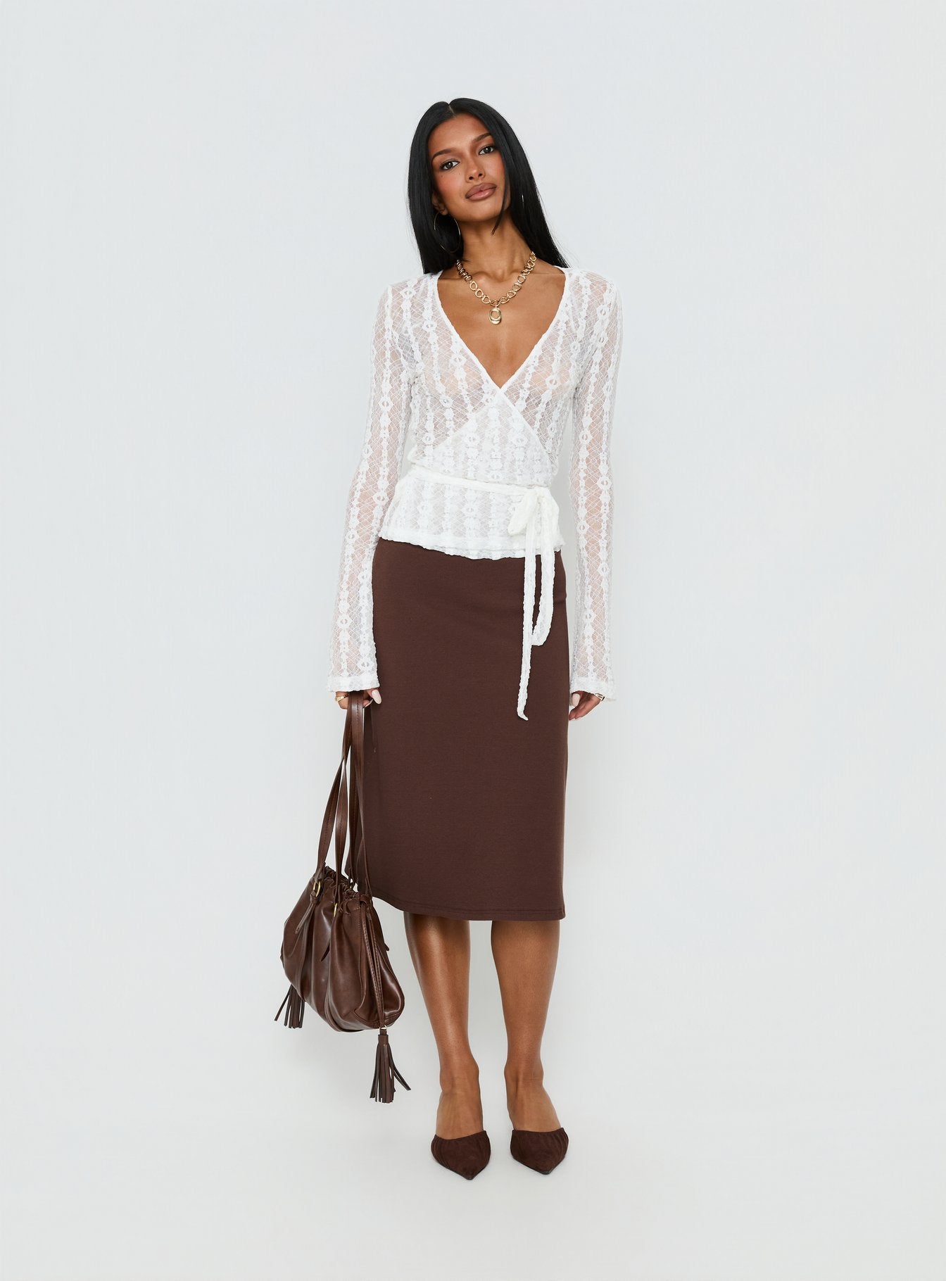 Melara Lace Long Sleeve Wrap Top White | Princess Polly