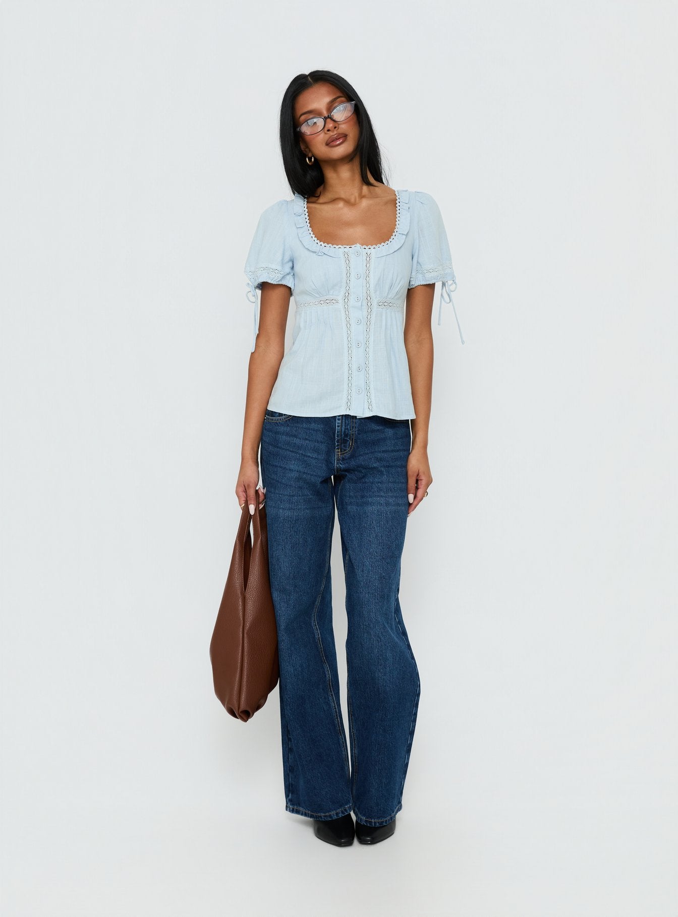Indianah Pleat Lace Panel Blouse Top Blue | Princess Polly