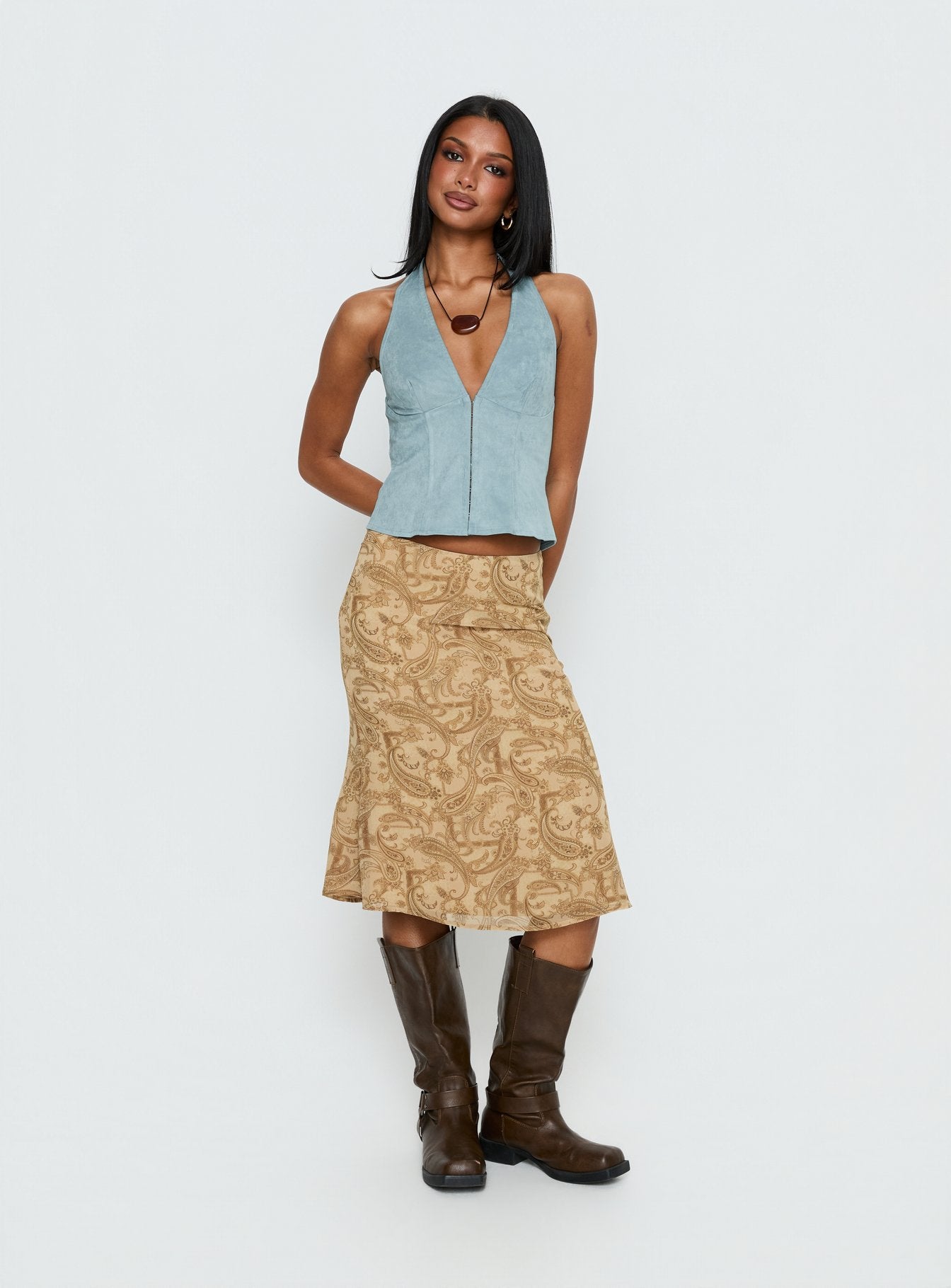 Dalyah Faux Suede Halter Top Soft Blue | Princess Polly