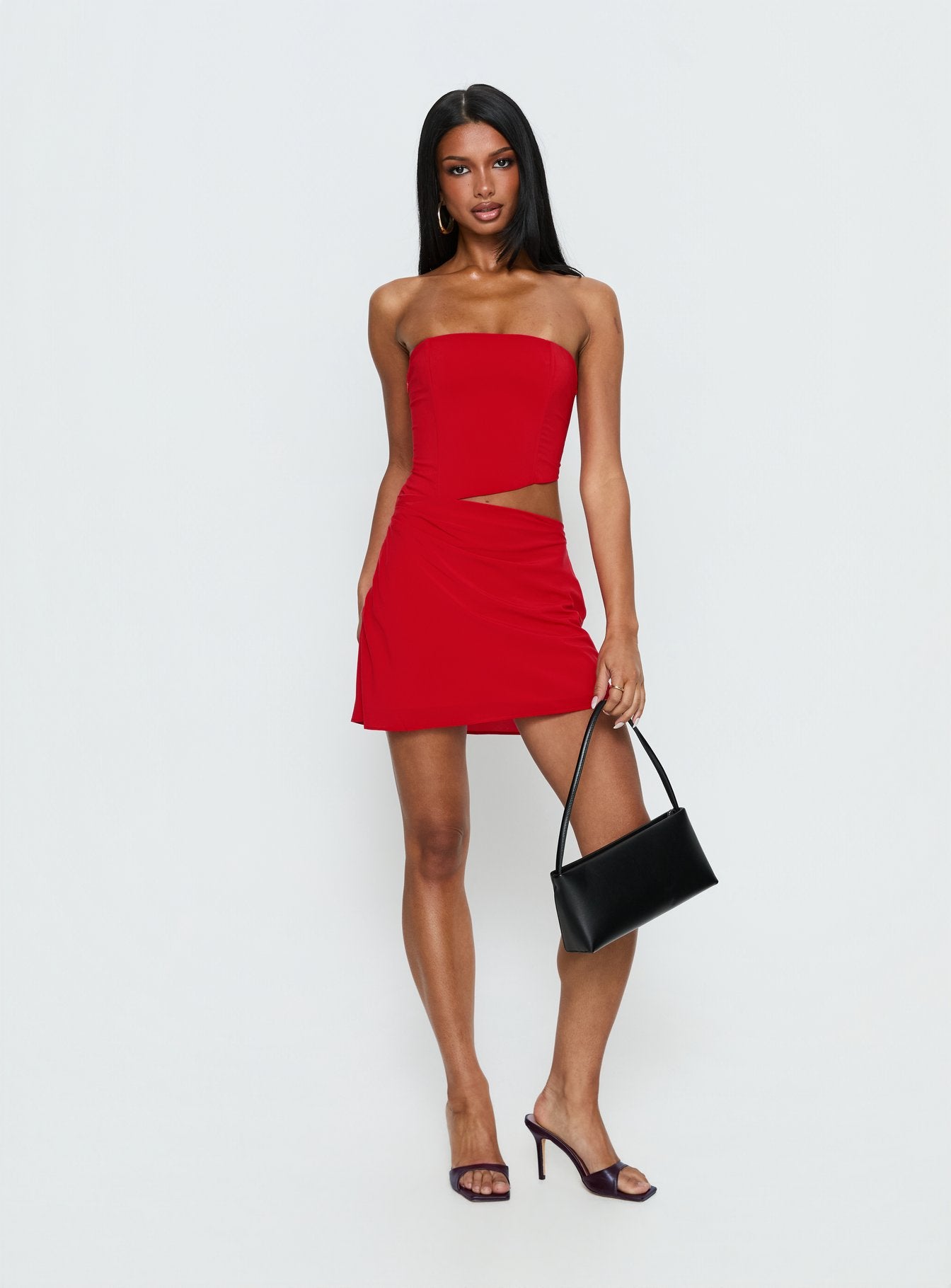 Jasira Strapless Drape Mini Dress Bold Red | Princess Polly