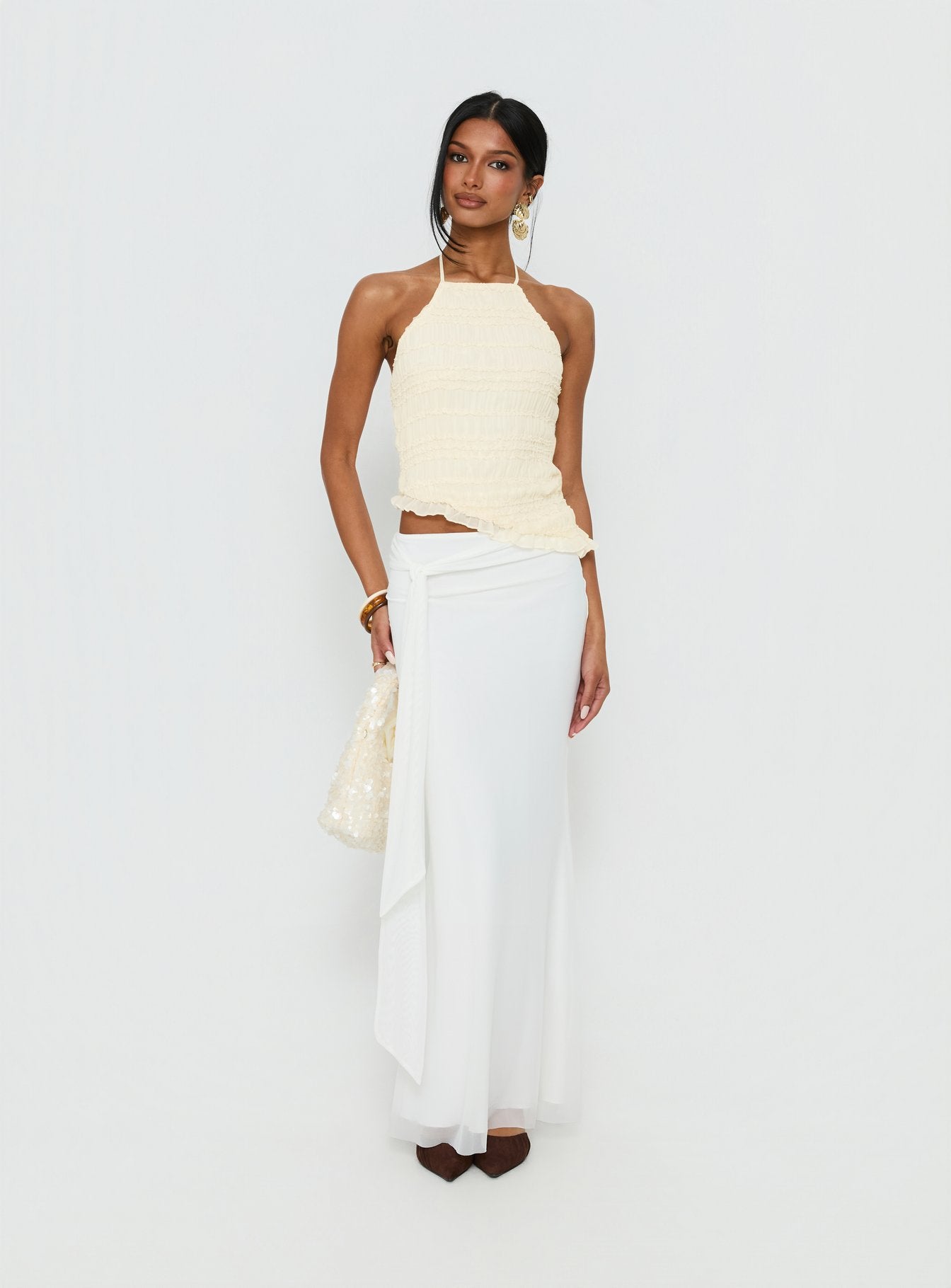 Stairway To Heaven Shirred Asymmetrical Halter Top Cream