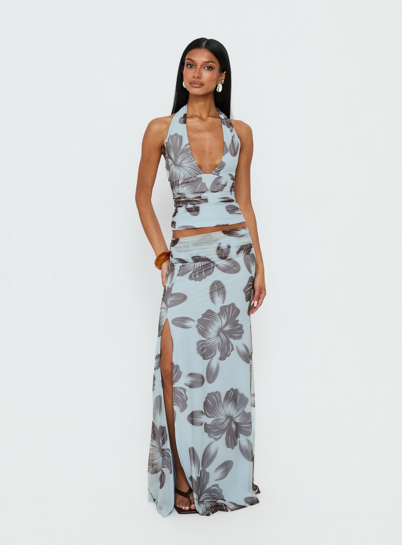 Roselin Mesh Halter Top Blue Floral | Princess Polly