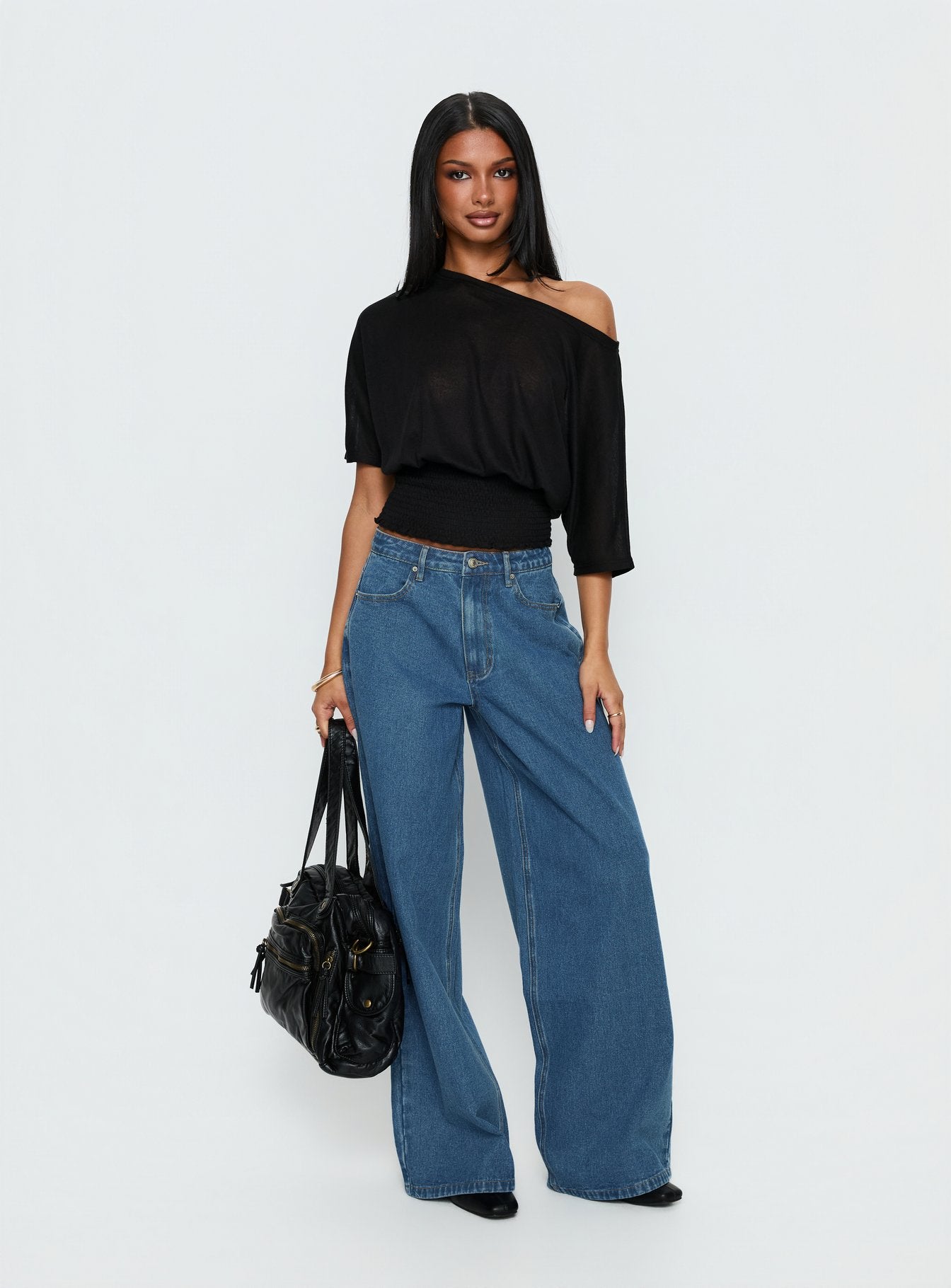 Dayten Off Shoulder Sheer Top Black | Princess Polly