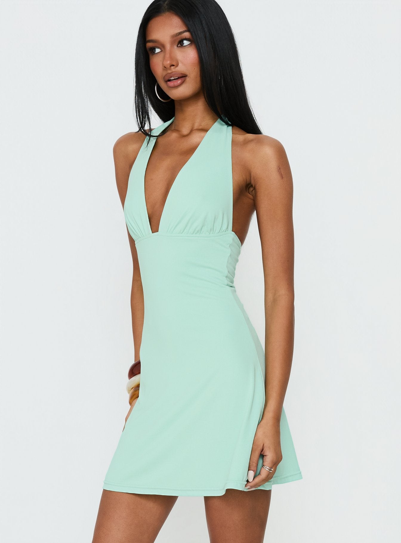 Tinisie Halter Mini Dress | Aqua | Womens | Princess Polly Lower Impact Tinisie Halter Mini Dress | Aqua | Womens | Princess Polly Lower Impact