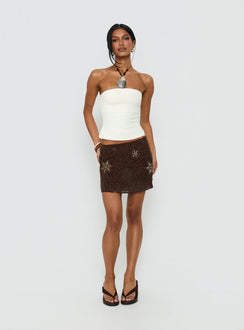   front view of model wearing Princess Polly Nanci Beaded Mini Skirt Brown Mini Skirts 