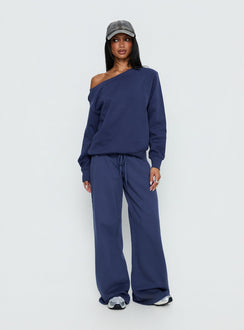 side view of model wearing Princess Polly Wellness Off the Shoulder Jumper Navy 