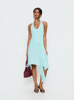 Moonlit Honey Asymmetrical Halter Jersey Midi Dress Turquoise | Princess  Polly