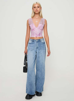 front view of model wearing Princess Polly Typha Top Pink Floral Sleeveless Plunger 