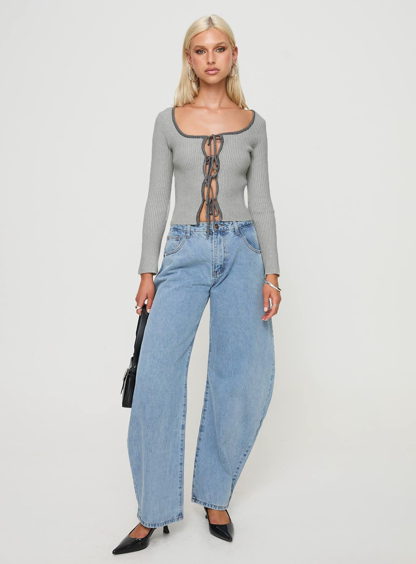 side view of model wearing Princess Polly Tahlea Long Sleeve Top Grey Full Sleeves Scoop Neck 