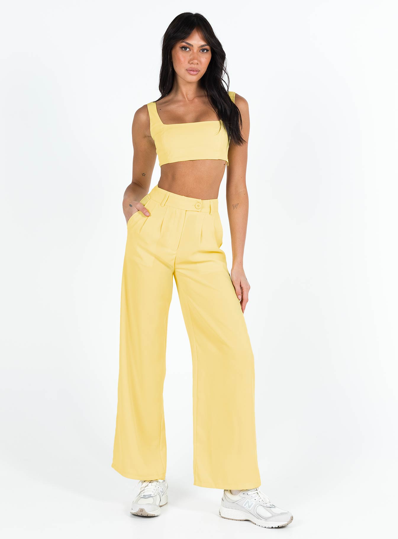 Matching set Crop top Invisible zip fastening at side High waisted pants Wide leg Belt looped waist Zip and button fastening