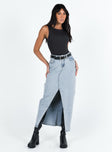 Denim maxi skirt High rise Black denim Belt looped waist Zip & button fastening Three pocket design Front slit Good stretch Unlined 