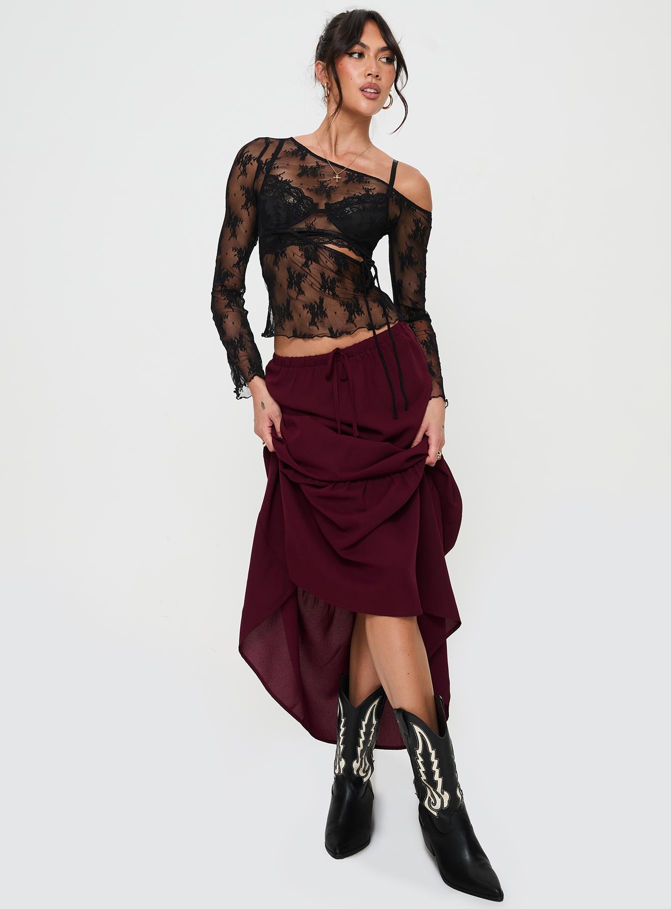   front view of model wearing Princess Polly Whole Again Maxi Skirt Burgundy Maxi 