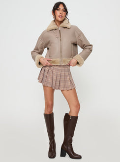 Beige Faux leather jacket Gold toned hardware, zip fastening down front, buckle fastening at neck, twin hip pockets