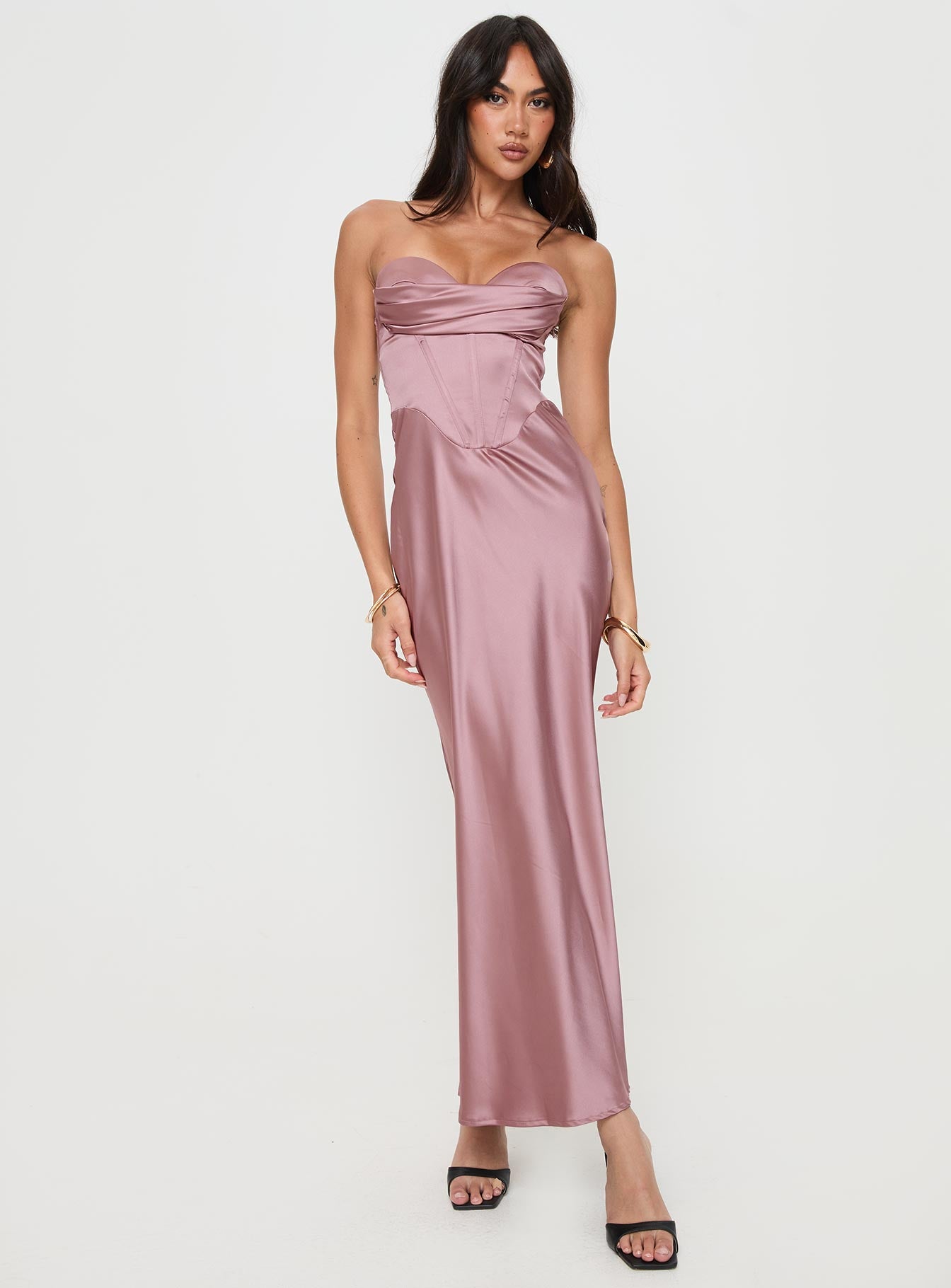 front view of model wearing Princess Polly Yannick Strapless Maxi Dress Mocha Sweetheart Neckline 