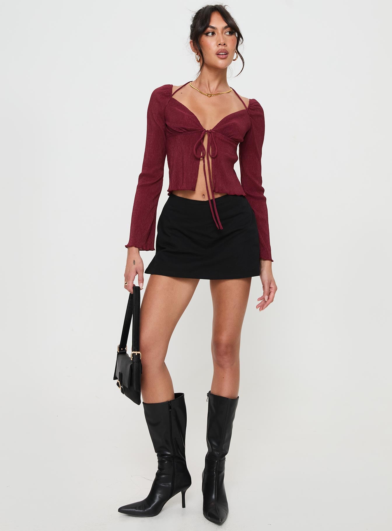 Chantria long sleeve halter top burgundy