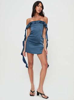 front view of model wearing Princess Polly Society Mini Dress Blue Straight Neck 